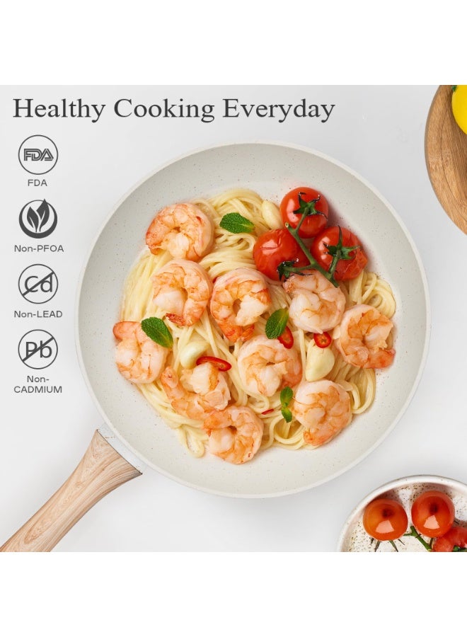 بواو طور مطبخك مع مجموعة أواني الطهي المقاومة للالتصاق من BOAO - مجموعة أواني طهي مكونة من 12 قطعة تتميز بسلامة معتمدة من إدارة الغذاء والدواء الأمريكية (FDA) وسهولة التنظيف وتصميم أنيق - متوافقة مع جميع أنواع المواقد (لون أبيض) - Image 2