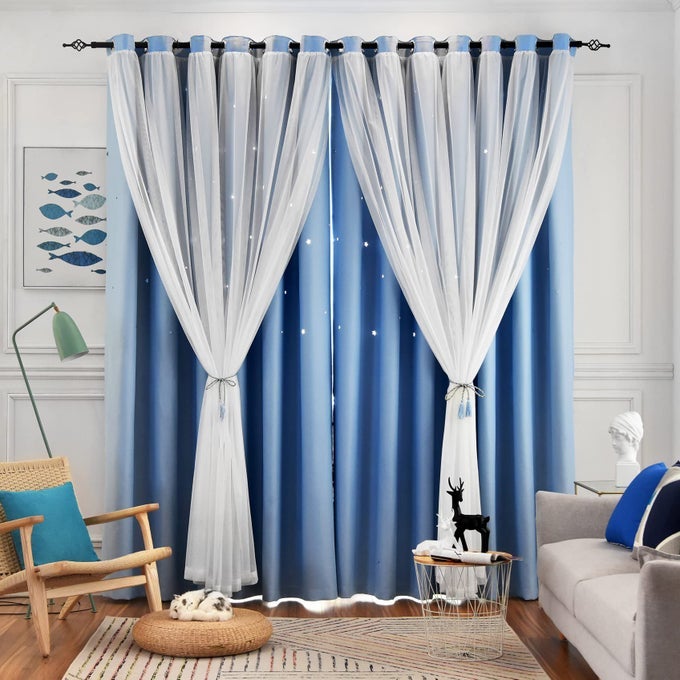 STARS CURTAINS DOUBLE LAYER CURTAINS BLACKOUT CURTAINS FOR BEDROOM KIDS CURTAINS CUTE CURTAINS KIDS BLACKOUT CURTAINS CURTAINS 72 INCHES LONG 2 PANELS SET BLUE CURTAINS 52 X 72 INCHES