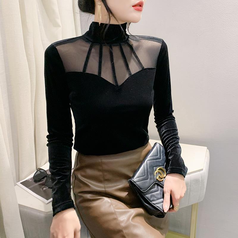 European autumn and winter European new bottoming shirt Womens velvet stitching mesh elegant small shirt Western style fashion top women Black - Image 1