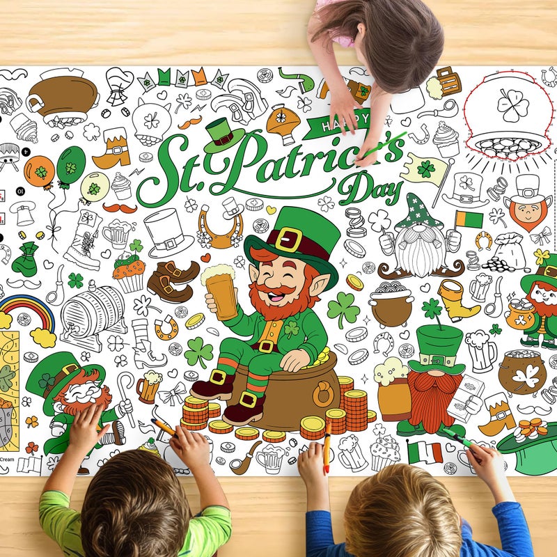 JOYGATHER St. Patrickâ€™s Day Coloring Tablecloth for Kids, Giant 30x72 Inch Poster with Shamrocks, Leprechauns, Perfect for Party Games, Holiday Decorations, Classroom Activities, Party Supplies - Image 1
