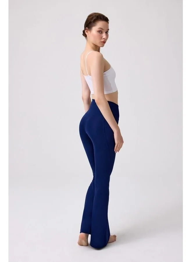 كوتن هيل Navy Blue High Waist Double Pocket Flare Leg Women's Leggings