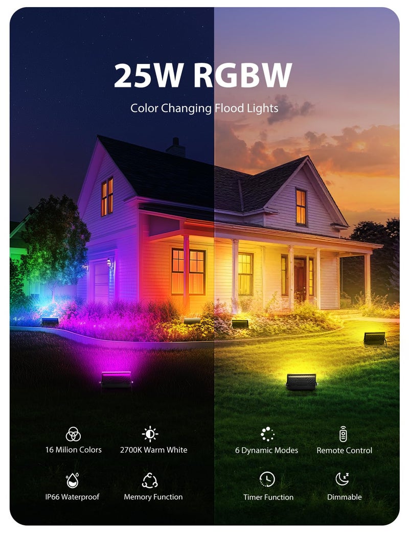 Onforu LED Flood Light Outdoor 250W Equivalent, 25W Color Changing RGBW Floodlight with Remote, 2700K Warm White IP66 Stage Lighting Indoor Uplights for Events, Uplighting for Party 4 Pack - Image 2