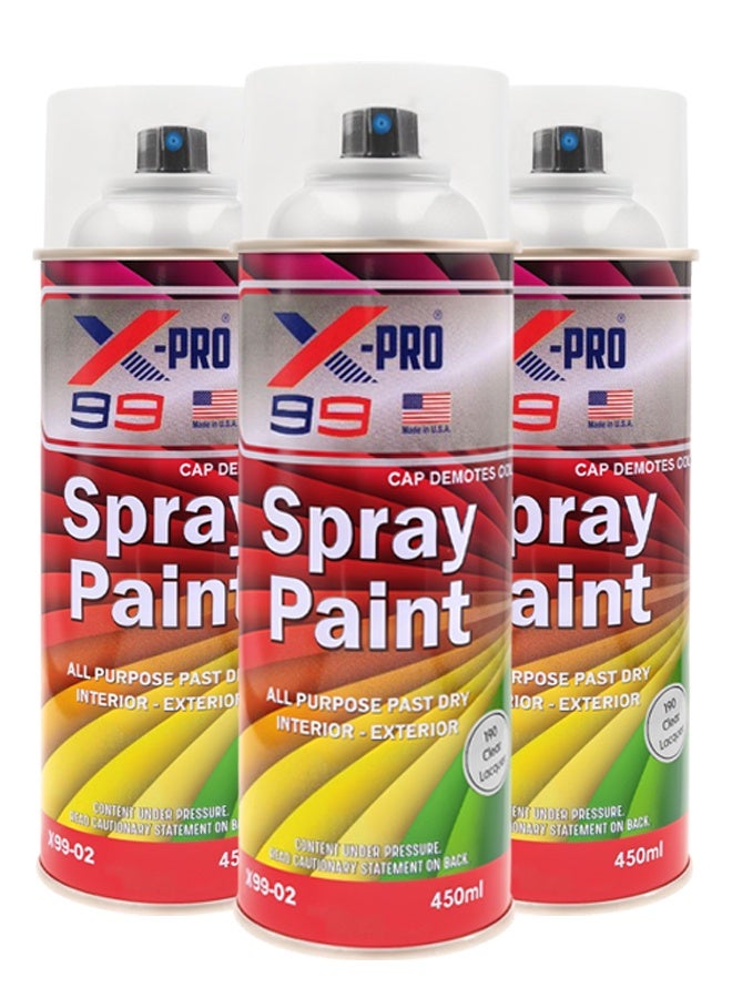 X Pro 99 3 pcs X-99 PRO Clear Lacquer Spray Paint 450ml Transparent Gloss Finish Fast Dry Multi Surface Interior Exterior Coating - Image 1