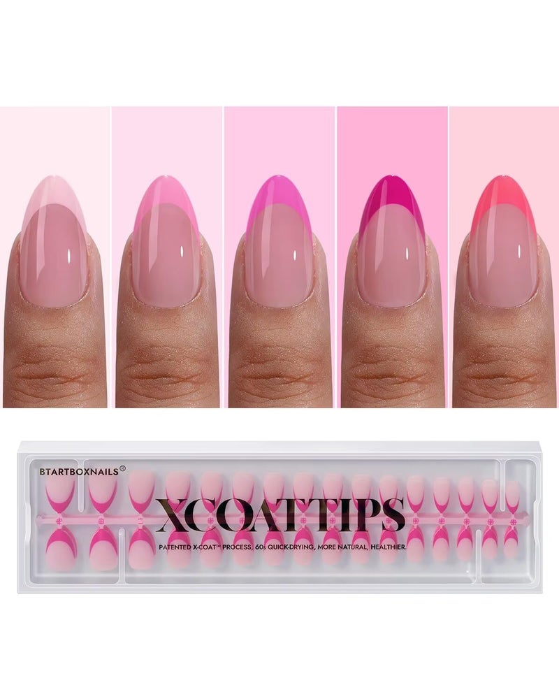 BTArtboxnails XCOATTIPS Pink French Tip Press On Nails - Short Almond Press On Nails, Soft Gel Nail Tips, Soak Off Pink Acrylic Fake Nail Extension in 16 Sizes - Image 1