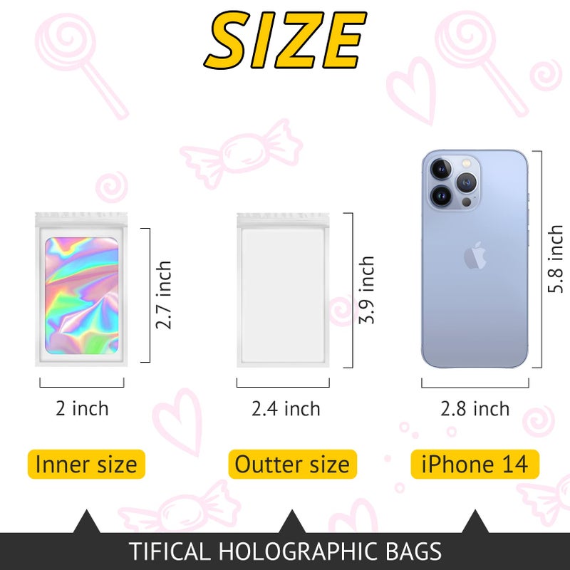 TIFICAL 100 PCS Mylar Holographic Bags, Smell Proof Bags, Clear Resealable Bags, Valentines Day Decorations Gift Baggies for Bracelet, Lipgloss, Eyelash, Jewelry Packaging | White, 2.4x3.9 Inch - Image 2