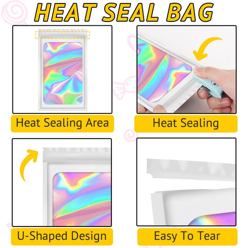 TIFICAL 100 PCS Mylar Holographic Bags, Smell Proof Bags, Clear Resealable Bags, Valentines Day Decorations Gift Baggies for Bracelet, Lipgloss, Eyelash, Jewelry Packaging | White, 2.4x3.9 Inch - Image 4