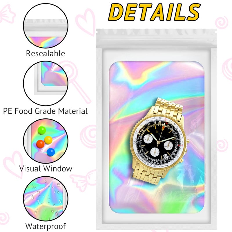 TIFICAL 100 PCS Mylar Holographic Bags, Smell Proof Bags, Clear Resealable Bags, Valentines Day Decorations Gift Baggies for Bracelet, Lipgloss, Eyelash, Jewelry Packaging | White, 2.4x3.9 Inch - Image 3