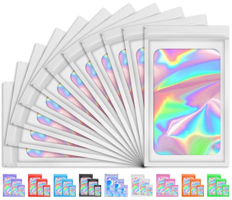 TIFICAL 100 PCS Mylar Holographic Bags, Smell Proof Bags, Clear Resealable Bags, Valentines Day Decorations Gift Baggies for Bracelet, Lipgloss, Eyelash, Jewelry Packaging | White, 2.4x3.9 Inch - Image 1