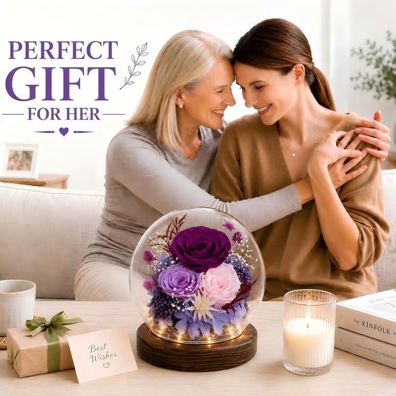 FIACO Gifts for Women Preserved Rose in Glass Dome Eternal Roses with LED Light Forever Flowers for Indoor Decor Birthday for Her Mom Wife Girlfriend Grandma Purple - Image 2