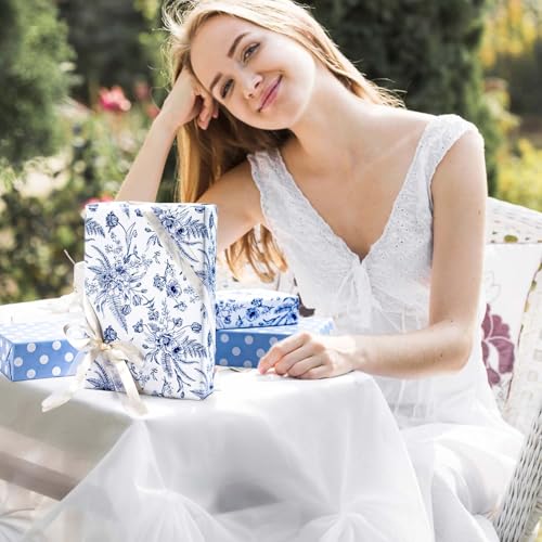 Yarcony Blue Floral Wrapping Paper Roll, Blue and White Wrapping Paper, Elegant Vintage Toile Flower Garden Gift Wrap for Upscale Gifts, Wedding, Birthday, Baby Shower, Mother's Day (17 In X 16.5 Ft) - Image 4