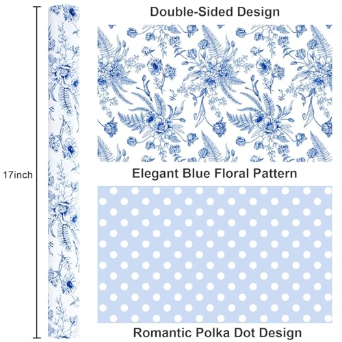 Yarcony Blue Floral Wrapping Paper Roll, Blue and White Wrapping Paper, Elegant Vintage Toile Flower Garden Gift Wrap for Upscale Gifts, Wedding, Birthday, Baby Shower, Mother's Day (17 In X 16.5 Ft) - Image 3