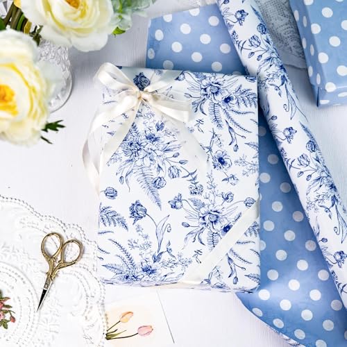 Yarcony Blue Floral Wrapping Paper Roll, Blue and White Wrapping Paper, Elegant Vintage Toile Flower Garden Gift Wrap for Upscale Gifts, Wedding, Birthday, Baby Shower, Mother's Day (17 In X 16.5 Ft) - Image 2