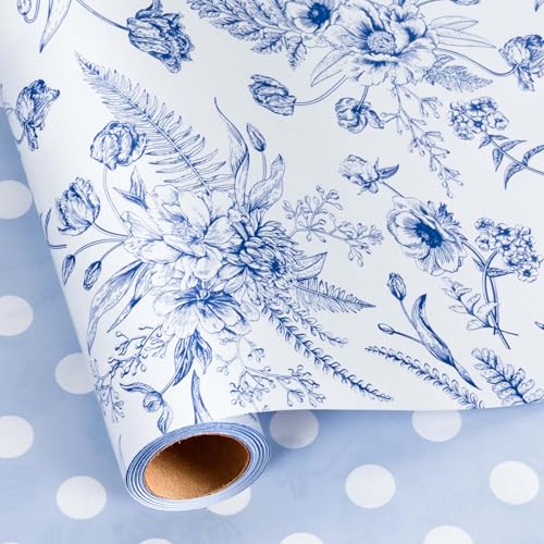 Yarcony Blue Floral Wrapping Paper Roll, Blue and White Wrapping Paper, Elegant Vintage Toile Flower Garden Gift Wrap for Upscale Gifts, Wedding, Birthday, Baby Shower, Mother's Day (17 In X 16.5 Ft) - Image 1