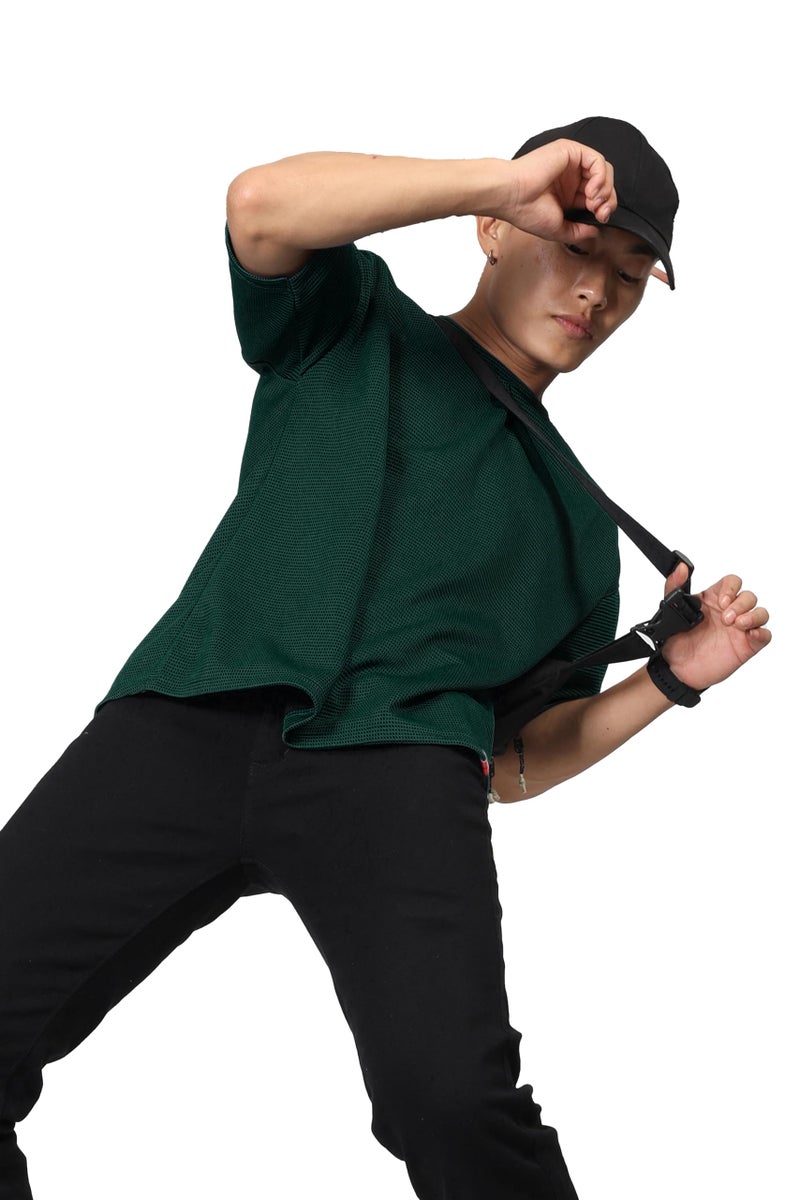 SHODOX® Men Oversized T Shirt Solid Dotted Design | Round Neck Loose Fit Drop Shoulder Casual T-Shirt for Men Bottle Green - Image 3