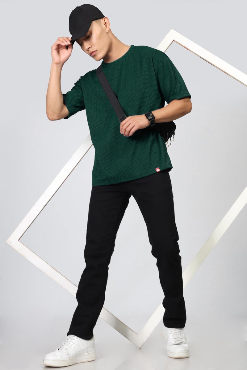 SHODOX® Men Oversized T Shirt Solid Dotted Design | Round Neck Loose Fit Drop Shoulder Casual T-Shirt for Men Bottle Green - Image 4