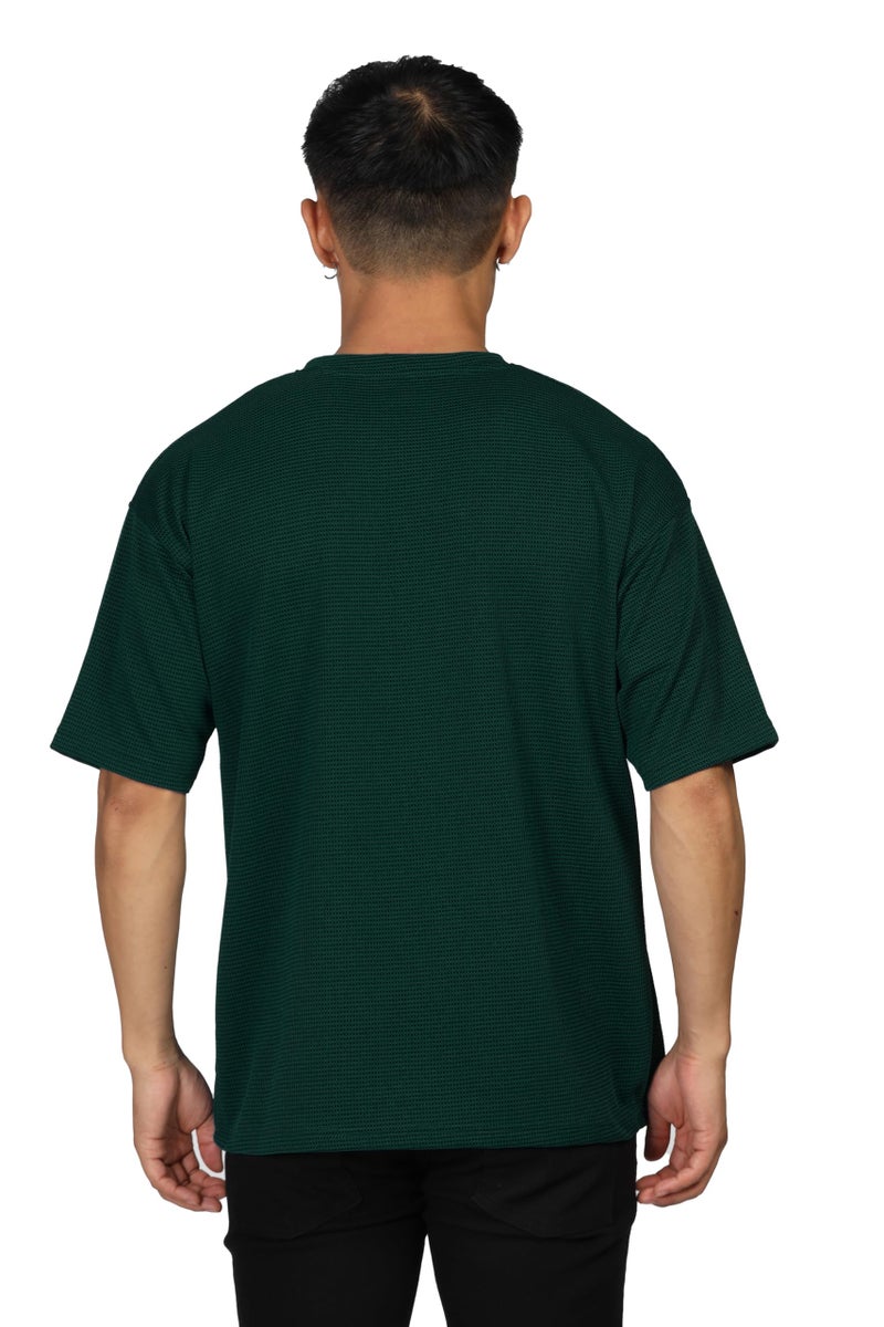 SHODOX® Men Oversized T Shirt Solid Dotted Design | Round Neck Loose Fit Drop Shoulder Casual T-Shirt for Men Bottle Green - Image 2