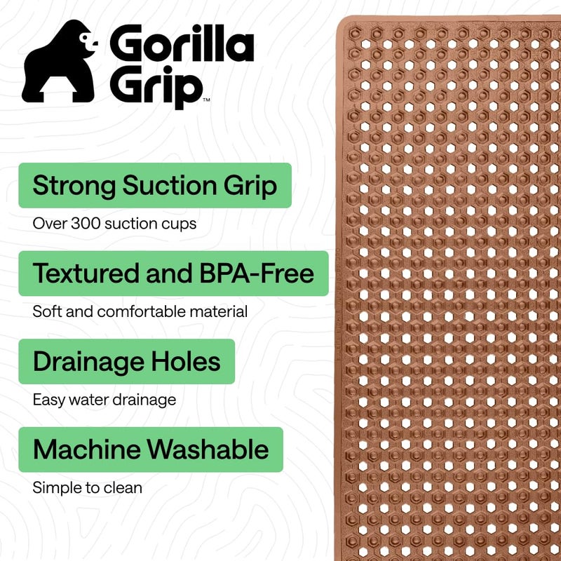 GORILLA GRIP Patented Bath Tub Shower Mat, Machine Washable Bathtub Floor Liner Mats, Suction Cups and Drain Holes to Keep Tubs Clean, Soft on Feet, Bathroom Essentials, 35x16 Inch, Brown - Image 2