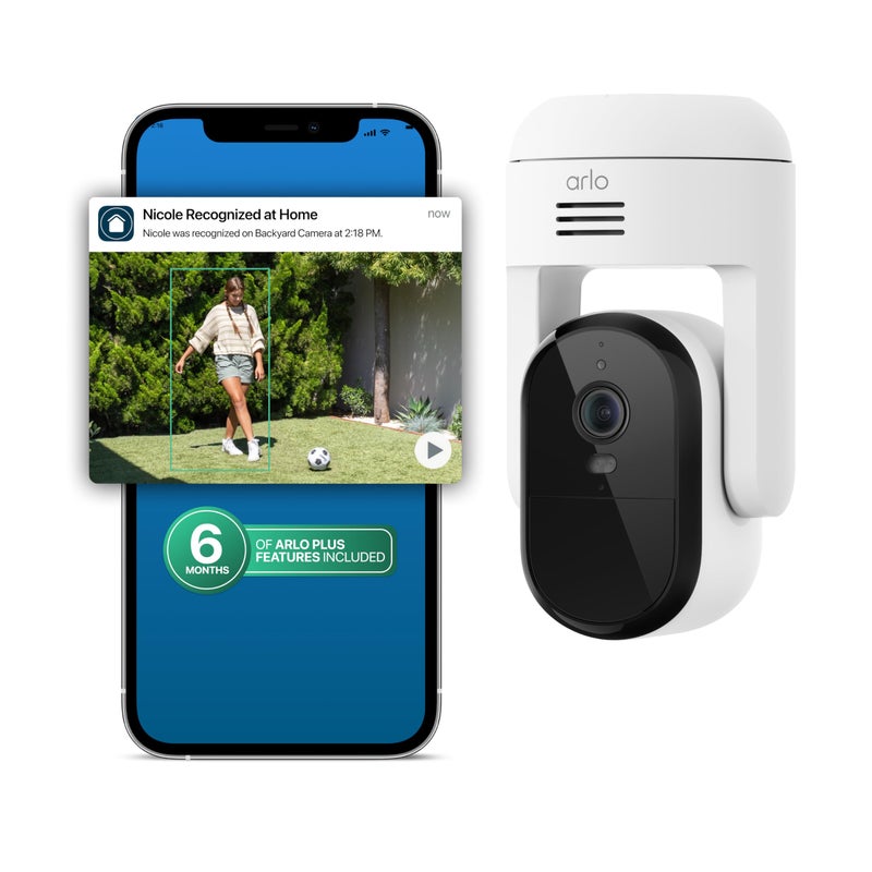 Arlo Essential Pan Tilt Security Camera 2K + 6 Months of Secure Plus Plan - Wired Plug-in Power Outdoor Camera, Person Recognition, Package Detection, Animated Preview, Auto Motion Tracking, 1 Cam - Image 1