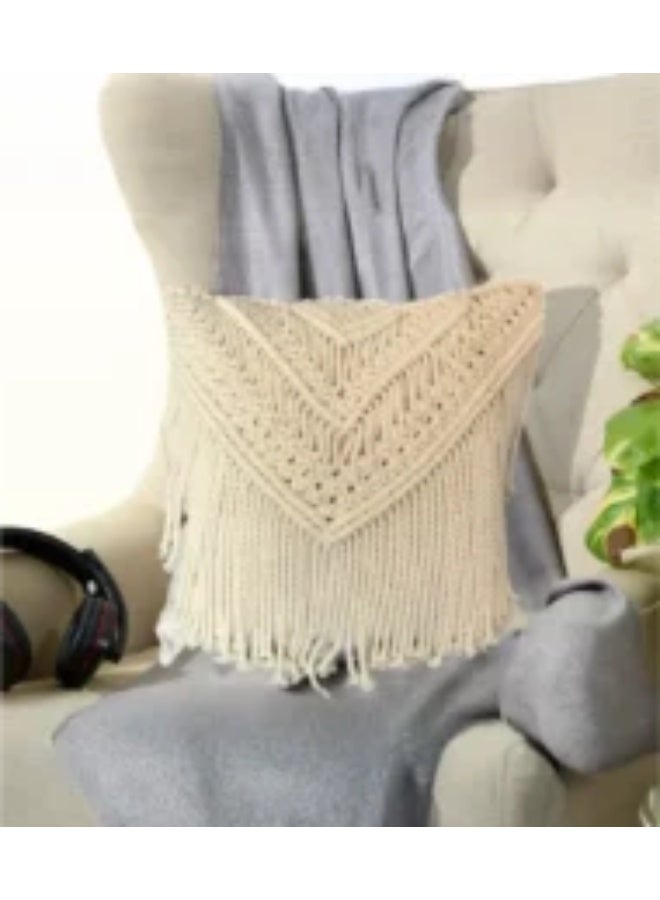 HMK CRAFTS كيس وسادة مكرمية بوهيمي مزين بشرابات يدوية ونقوش ألماس بارزة، غطاء وسادة مودرن للمنزل وغرف النوم، بيج كريمي - Image 5