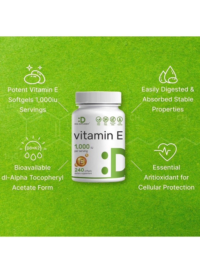 DEAL SUPPLEMENT Vitamin E Supplements, 1,000 IU Per Serving, 240 Softgels - Extra Strength Antioxidant Protection - Bioavailable Stable Form - Skin, Heart, Brain, & Immune Support - Non-GMO - Image 3