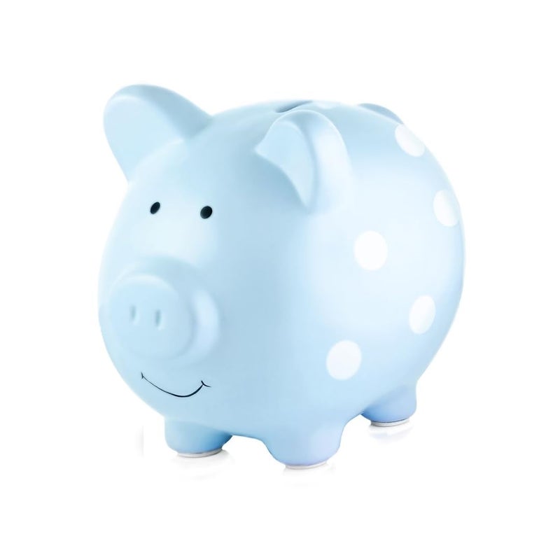 Pearhead Large Ceramic Piggy Bank Ideal for Boys and Girls Kids Money and Coin Bank Perfect Baby Boy Nursery Dcor Great Gift and Newborn Keepsake Blue Polka Dots