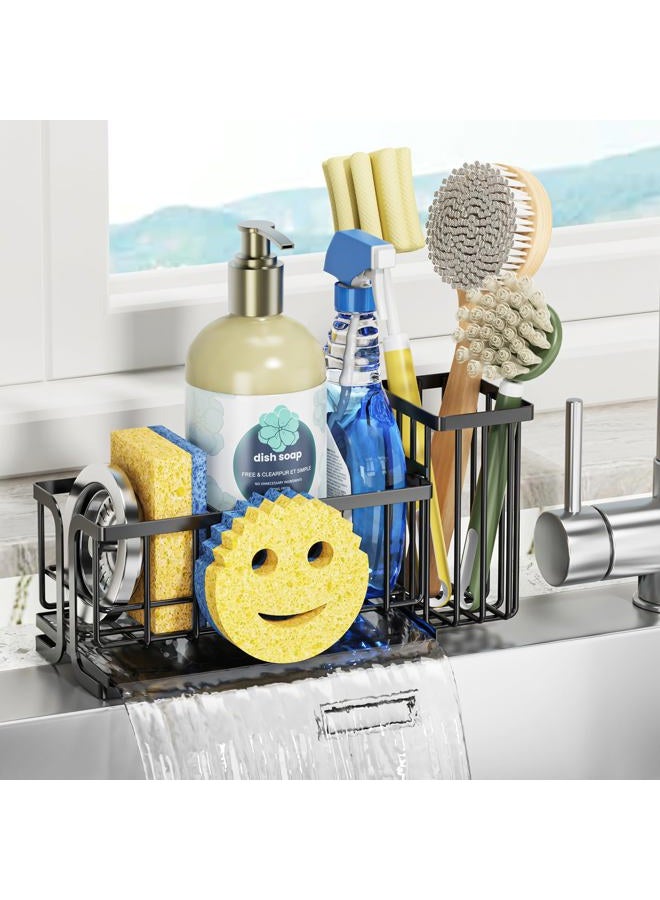 Epicano Sink Caddy Sponge Holder, Smiley Face Sponge Rack with High Brush Holder,Rustproof Kitchen Countertop Organizer,Kitchen Gadgets Sink Accessories, Black - Image 1