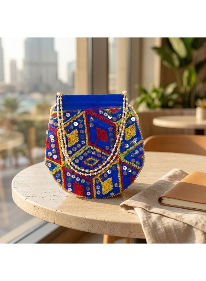 Mobcos Mobcos Blue Rhombus Floral Print Potli Bag Mobcos Blue Rhombus Handcrafted Indian Embroidered Mirror Work Potli Bag for Women | Premium Silk Blend Ethnic Drawstring Handbag with Pearl Handle | Wedding, Bridal, Party & Festive Purse for Women | Best Price UAE