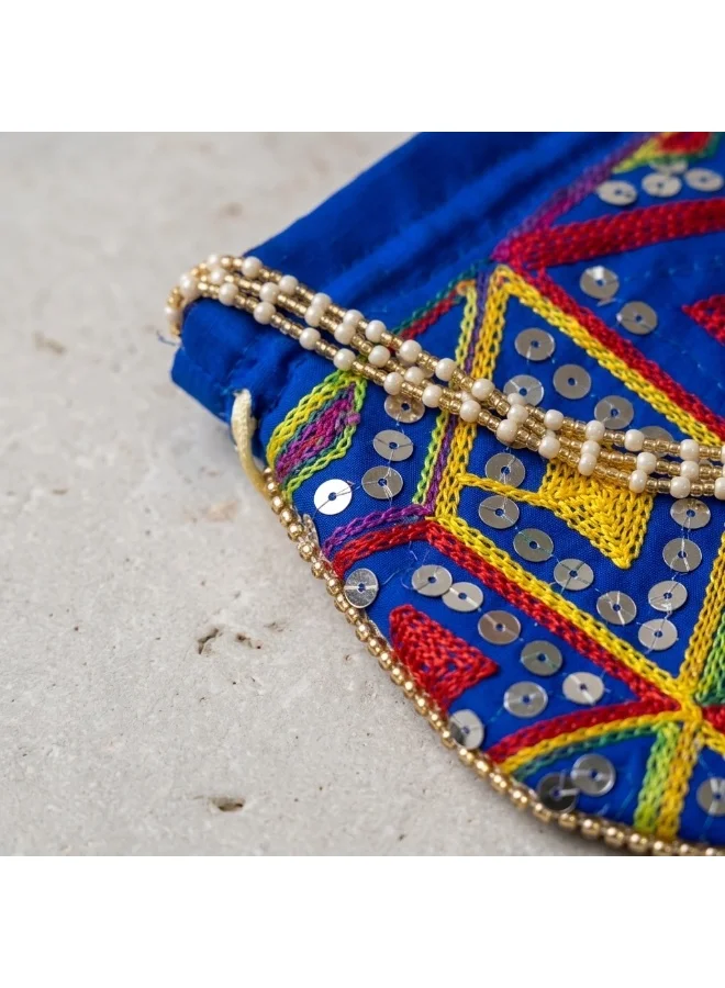 Mobcos Mobcos Blue Rhombus Floral Print Potli Bag Mobcos Blue Rhombus Handcrafted Indian Embroidered Mirror Work Potli Bag for Women | Premium Silk Blend Ethnic Drawstring Handbag with Pearl Handle | Wedding, Bridal, Party & Festive Purse for Women | Best Price UAE