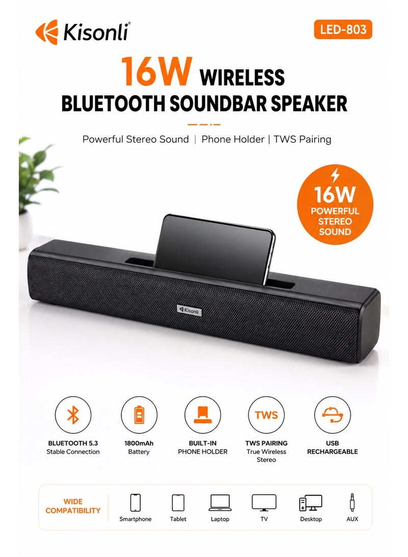Kisonli Wireless Bluetooth 16W Portable Sound bar Speakers with Phone Holder - Image 1