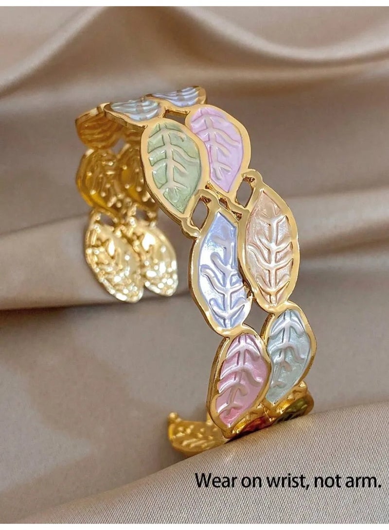SHIEN Elegant Flower & Leaf Bangle Bracelet Set with Premium Enamel Details - Image 2