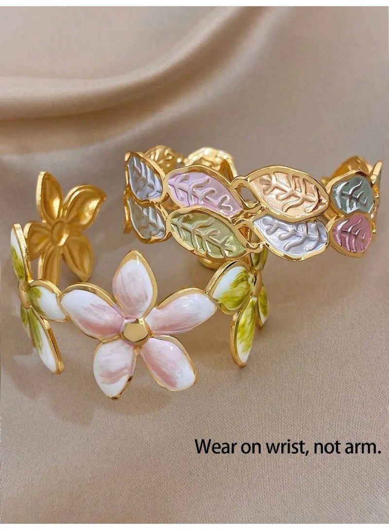 SHIEN Elegant Flower & Leaf Bangle Bracelet Set with Premium Enamel Details - Image 1
