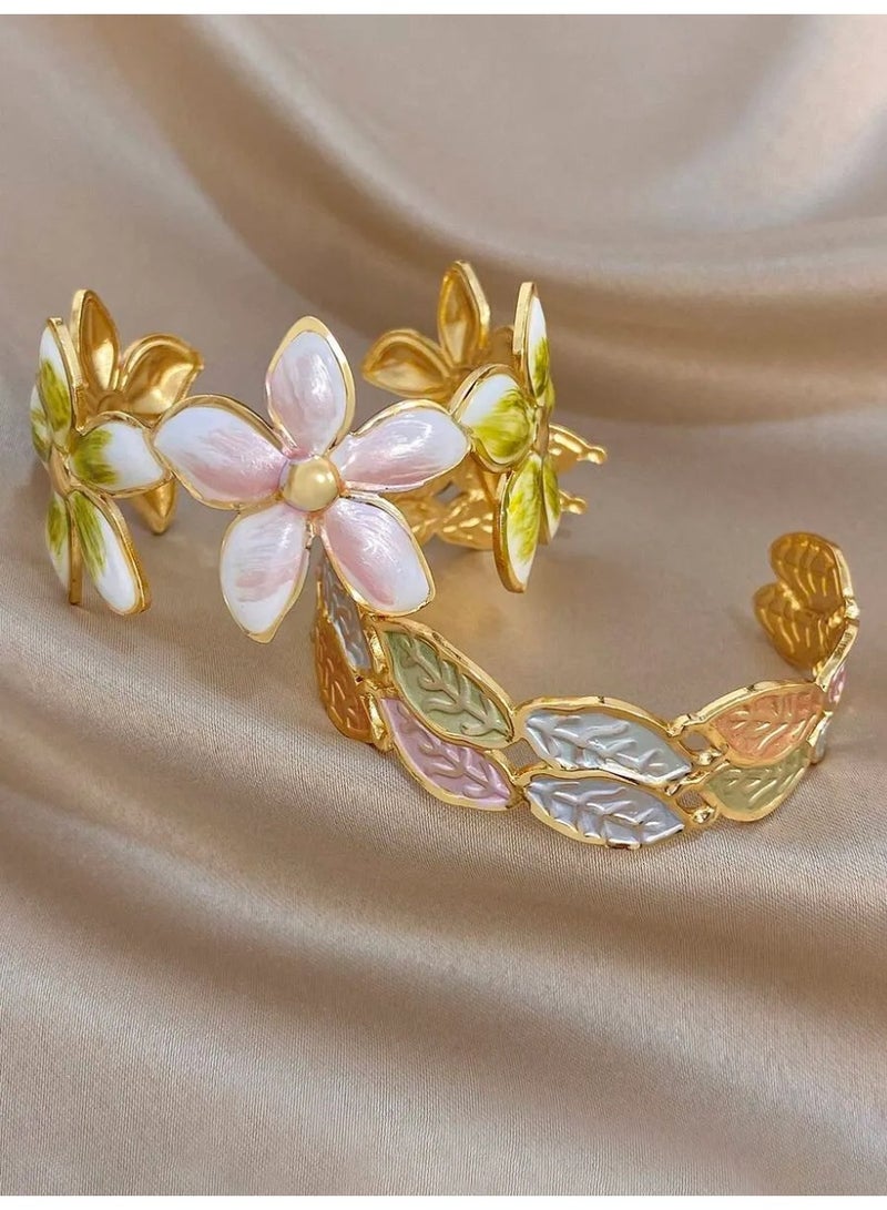 SHIEN Elegant Flower & Leaf Bangle Bracelet Set with Premium Enamel Details - Image 4