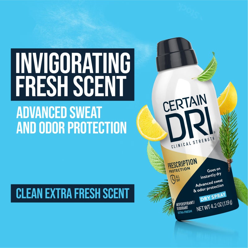 Certain Dri Prescription-Strength Clinical Antiperspirant Dry Spray, 72-Hour Sweat & Odor Protection for Men & Women, Extra-Fresh Whole-Body Deodorant with 25% Aluminum Chlorohydrate, 4.2 oz, (3-Pack) - Image 2
