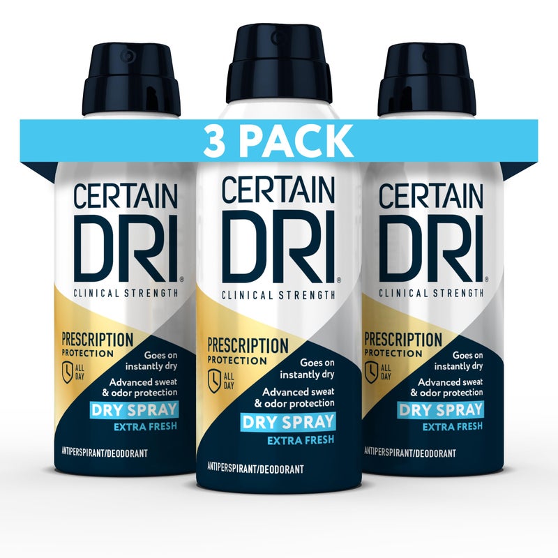 Certain Dri Prescription-Strength Clinical Antiperspirant Dry Spray, 72-Hour Sweat & Odor Protection for Men & Women, Extra-Fresh Whole-Body Deodorant with 25% Aluminum Chlorohydrate, 4.2 oz, (3-Pack) - Image 1