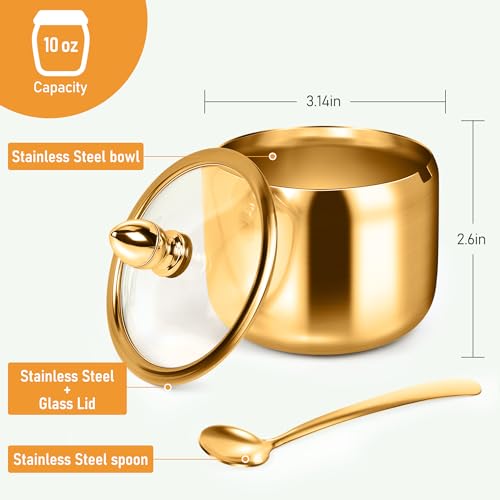 holoith 2 Pcs Coffee and Sugar Dispenser with Tray - 10 oz Sugar Bowl with Glass Lid and Spoon for Coffee Bar Accessories Kitchen Storage for Salt,Coffee Bean,Brown Sugar Cubes (Gold), 20231121.01 - Image 3