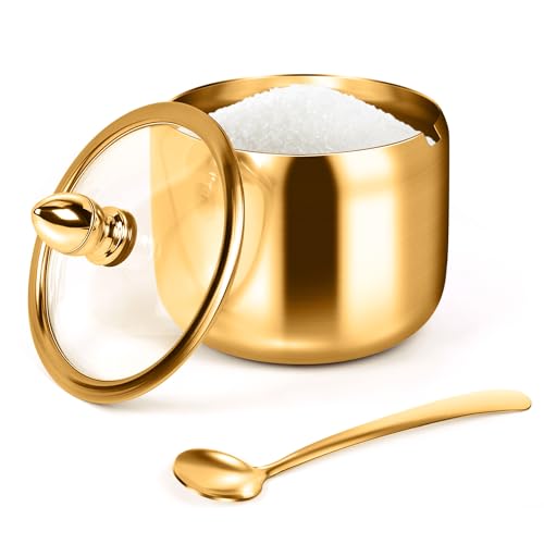 holoith 2 Pcs Coffee and Sugar Dispenser with Tray - 10 oz Sugar Bowl with Glass Lid and Spoon for Coffee Bar Accessories Kitchen Storage for Salt,Coffee Bean,Brown Sugar Cubes (Gold), 20231121.01 - Image 1