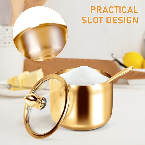 holoith 2 Pcs Coffee and Sugar Dispenser with Tray - 10 oz Sugar Bowl with Glass Lid and Spoon for Coffee Bar Accessories Kitchen Storage for Salt,Coffee Bean,Brown Sugar Cubes (Gold), 20231121.01 - Image 5