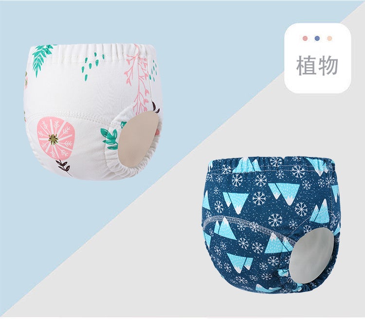 Baby cotton diaper pants 6-layer gauze waterproof washable fabric diaper pants with water absorption and breathability Baby training pants diaper pants with flower and grass series V Snow Mountain L - Image 1
