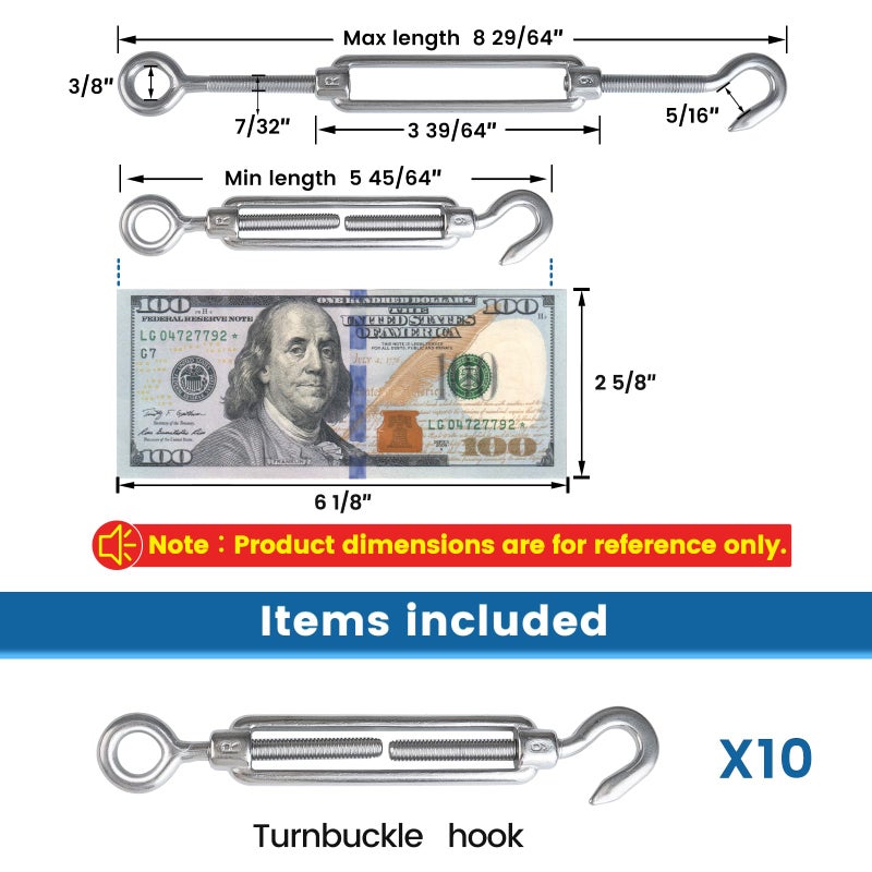 Muzata 10Pack M6 Hook and Eye Turnbuckle Heavy Duty for Cable Railing Wire Rope Hardware String Light Hanging Tension Wire Kit Stainless Steel CN11 - Image 2