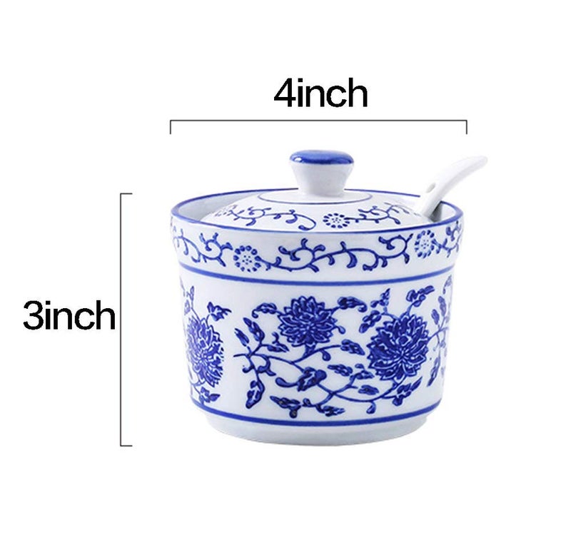 123Arts Ceramic Blue and White Sugar Bowl Spice Jar with Lid Spoon Seasoning Pot - Image 2