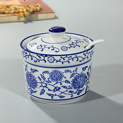 123Arts Ceramic Blue and White Sugar Bowl Spice Jar with Lid Spoon Seasoning Pot - Image 4