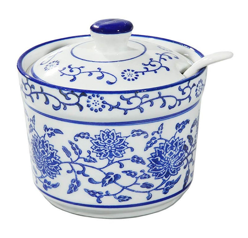 123Arts Ceramic Blue and White Sugar Bowl Spice Jar with Lid Spoon Seasoning Pot - Image 1