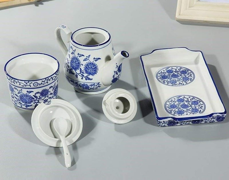 123Arts Ceramic Blue and White Sugar Bowl Spice Jar with Lid Spoon Seasoning Pot - Image 3