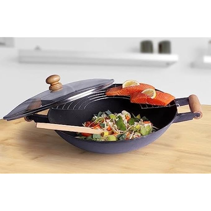 BIOL Hit Wok Cast Iron With Glass Lid And Chop Sticks Diameter 35 Cm 75 Kg - Image 2