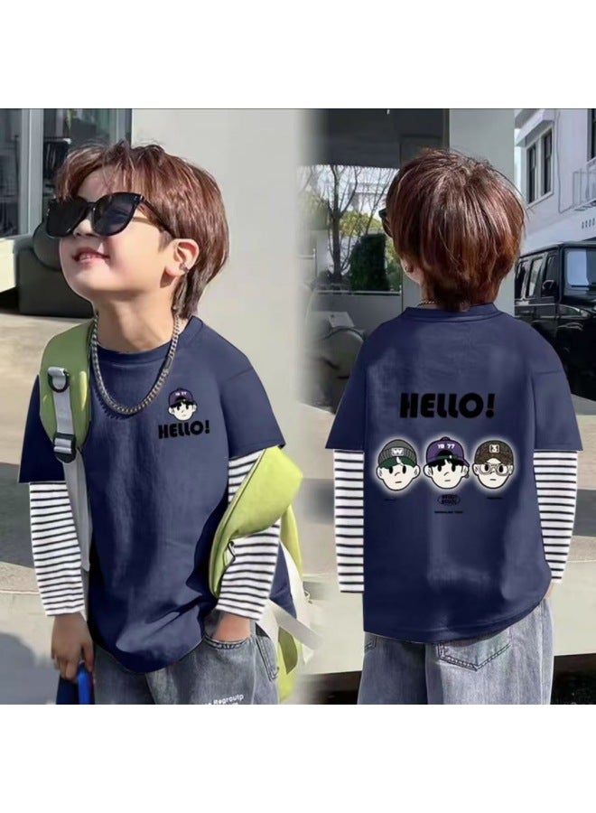 Boys' Cotton Long-sleeve T-shirt Spring/autumn New Style Big Kids Baby Fake Two-piece Striped Base Layer Top