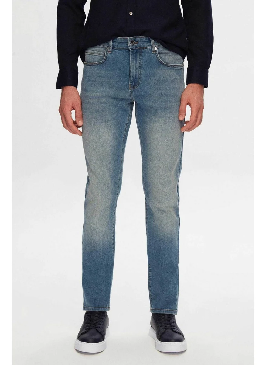 D'S DAMAT Slim Fit Blue Plain Jeans Five Pocket Lycra Washed Denim Trousers 6HCJ3ORT00102