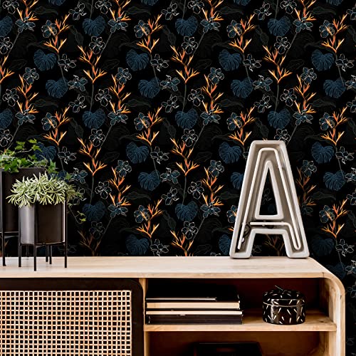 VaryFloral 24x118 Black Floral Wallpaper Peel and Stick Bird of Paradise Palm Leaf Wallpaper Vintage Tropical Botanical Wall Covering for Bedroom Removable Self Adhesive Dark Floral Contact Paper - Image 3