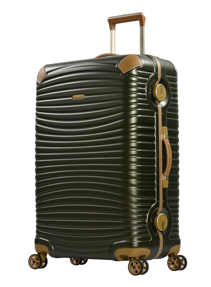 إيمينينت حقيبة سفر صلبة من البولي كربونات ماكرولون بإطار ألومنيوم ذهبي، بدون سحاب، مع حماية إضافية للزوايا وقفل  مزدوج، مقاس  بوصة، لون زيتوني داكن - Image 1