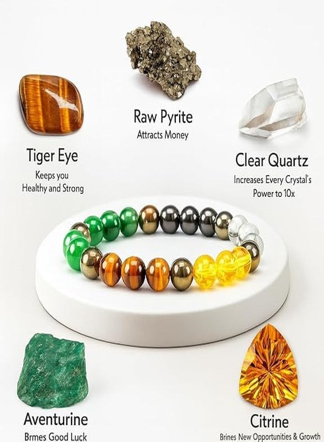 SANCTIFIED Dhan Yog Money Magnet Bracelet for Men & Women - Natural Pyrite, Green Aventurine, Citrine, Clear Quartz, Tiger Eye & Green Jade 8mm Crystal Beads | Wealth & Prosperity Inspired Energy Bracelet - Image 3