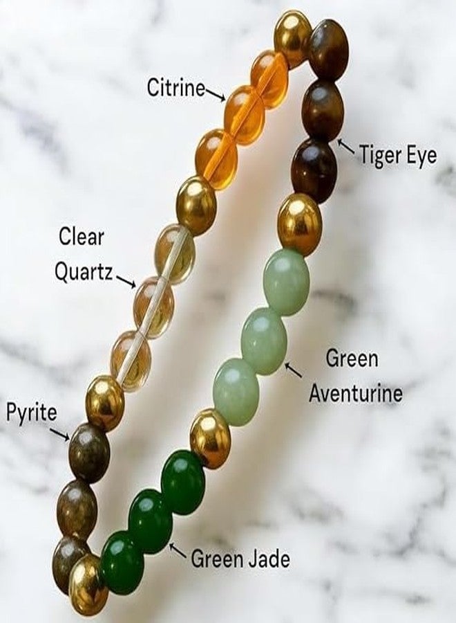 SANCTIFIED Dhan Yog Money Magnet Bracelet for Men & Women - Natural Pyrite, Green Aventurine, Citrine, Clear Quartz, Tiger Eye & Green Jade 8mm Crystal Beads | Wealth & Prosperity Inspired Energy Bracelet - Image 4